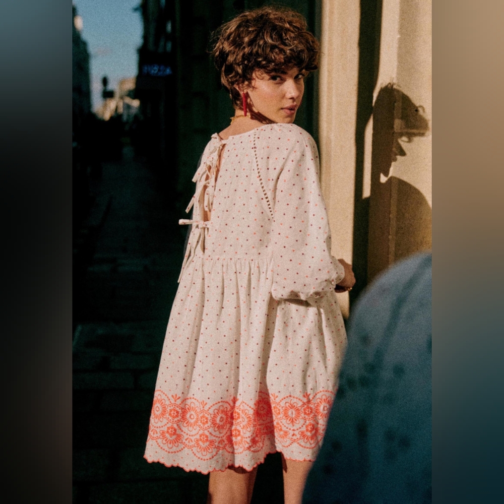 Sezane Cream Mini Dress with Coral Embroidered Hem
